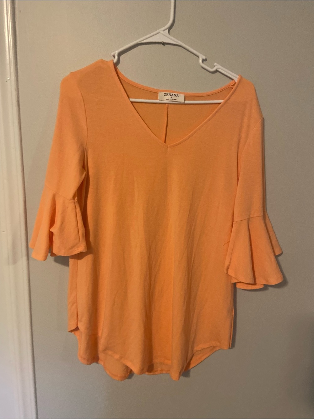 Zenana Outfitters Peach V-Neck Ruffle Sleeve Tunic Top
